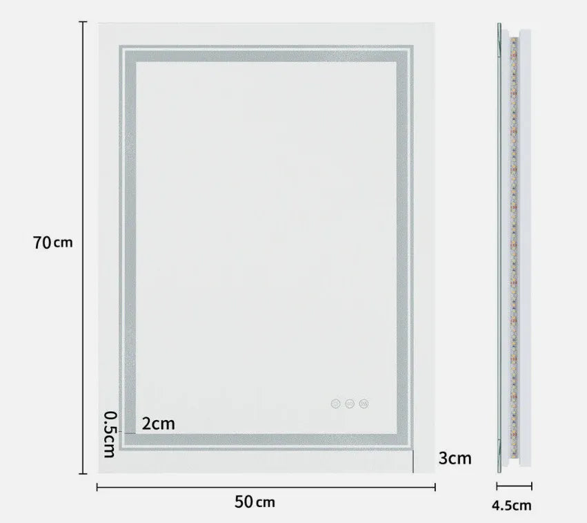 LED Frameless Bathroom Mirror – Backlit, Touch Control, 50 x 70 cm