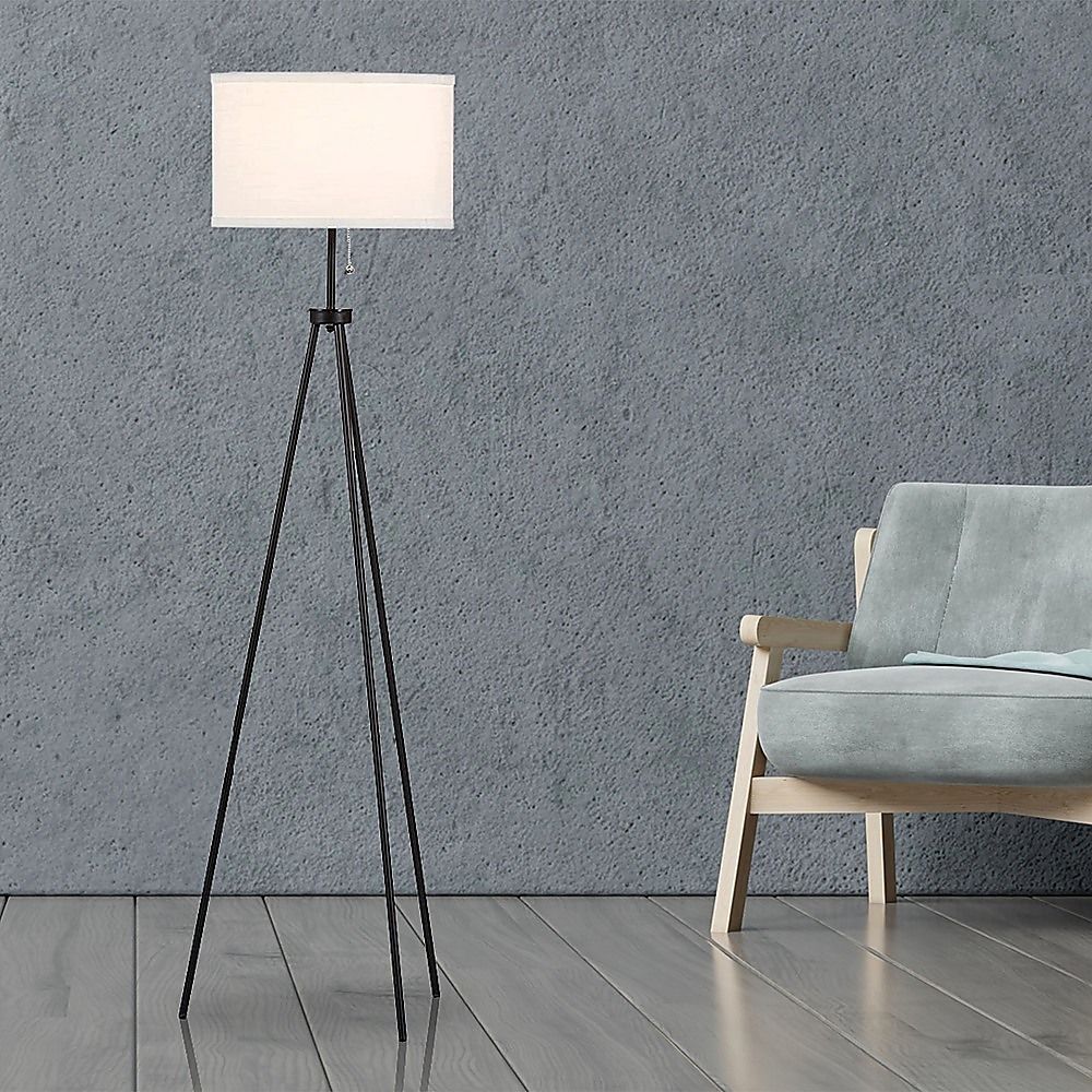 Mid-Century Tripod Floor Lamp – Black Metal with Ivory Shade
