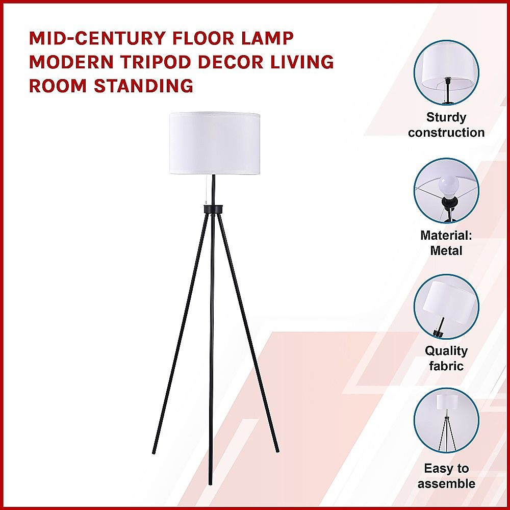 Mid-Century Tripod Floor Lamp – Black Metal with Ivory Shade