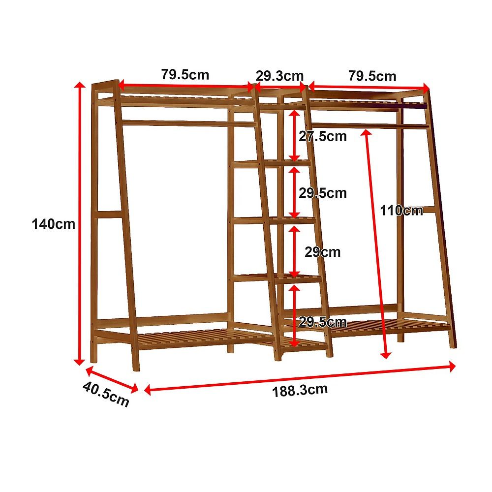 Portable Bamboo Clothes Rack – Double Rail with Shelves, Dark Wood Finish