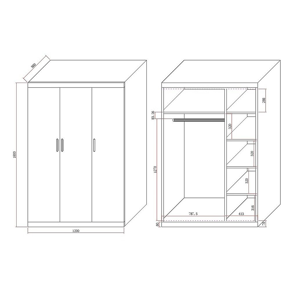 3 Door Wardrobe – White Finish, Hanging Rail & Shelves