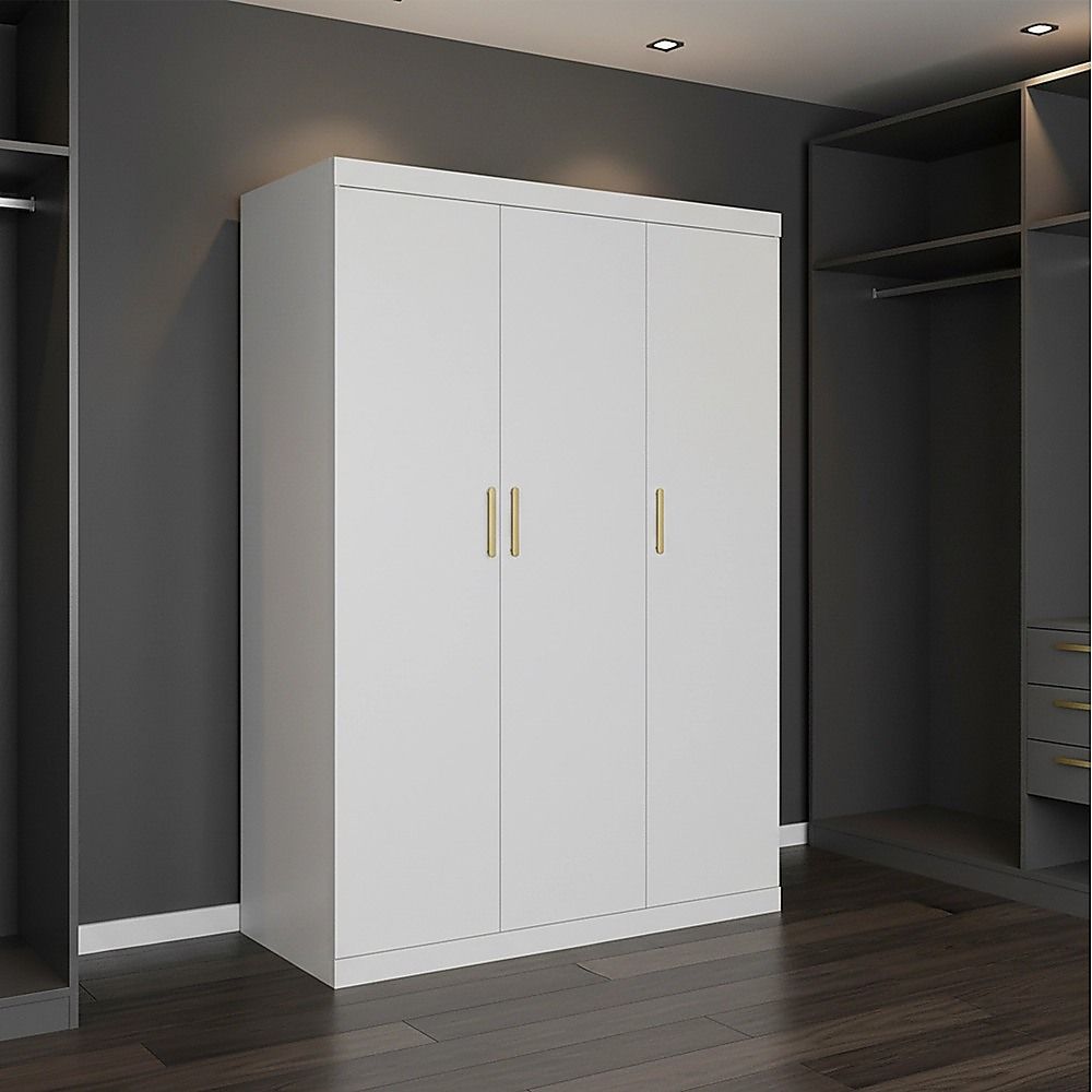 3-Door White Wardrobe – Gold Handles, Hanging Rail & Shelves