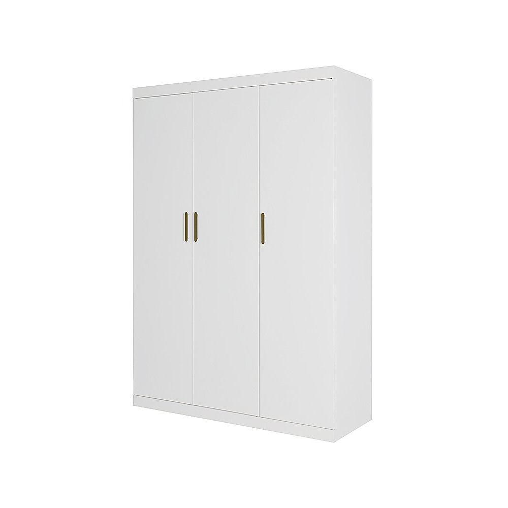 3-Door White Wardrobe – Gold Handles, Hanging Rail & Shelves