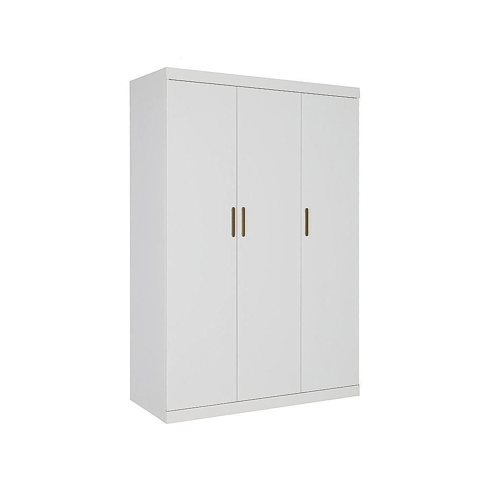 3-Door White Wardrobe – Gold Handles, Hanging Rail & Shelves