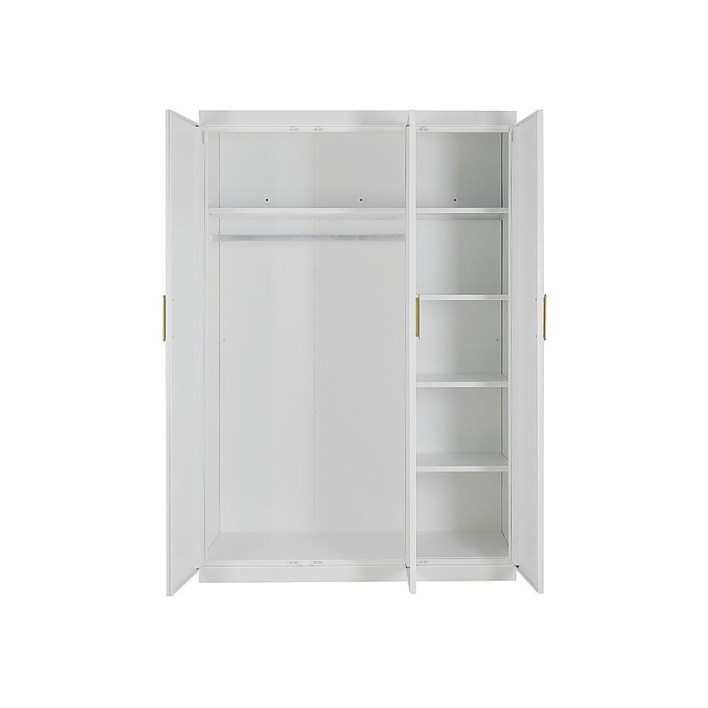 3-Door White Wardrobe – Gold Handles, Hanging Rail & Shelves