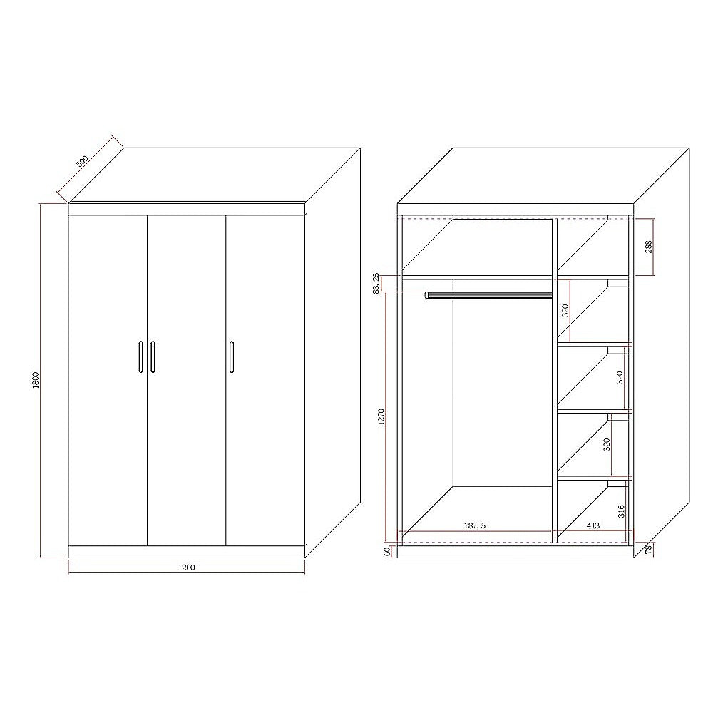 3-Door White Wardrobe – Gold Handles, Hanging Rail & Shelves