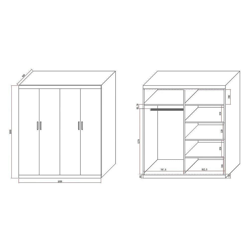 4-Door White Wardrobe – Hanging Rail and Shelves, Steel with White Handles