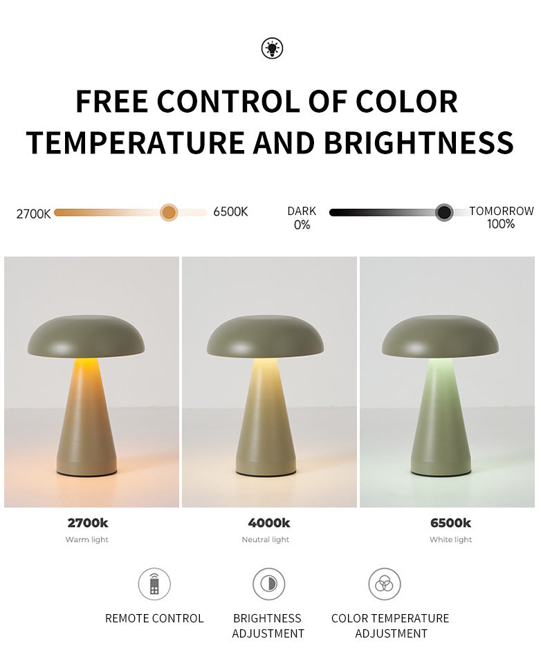 Metal Mushroom Table Lamp - Rechargeable Touch Control Ambient Light with Remote
