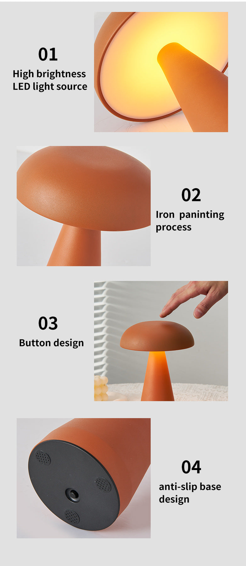 Metal Mushroom Table Lamp - Rechargeable Touch Control Ambient Light with Remote