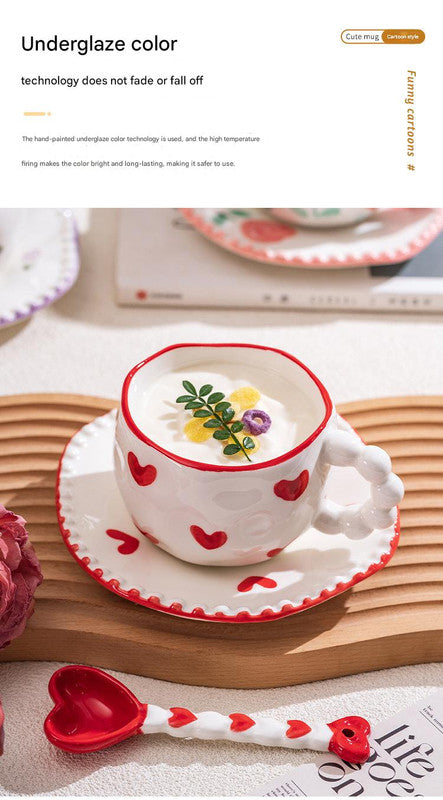 Hand-Painted Ceramic Coffee Mug and Saucer Set - Whimsical Afternoon Tea Cup with Spoon(Black-edged bow)