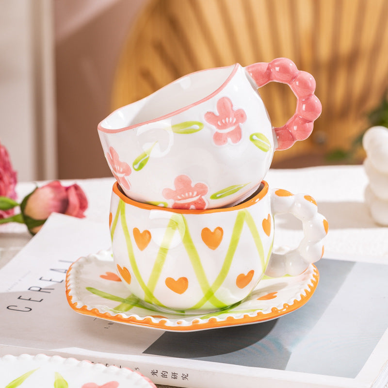 Hand-Painted Ceramic Coffee Mug and Saucer Set - Whimsical Afternoon Tea Cup with Spoon(Smiley pink flower)