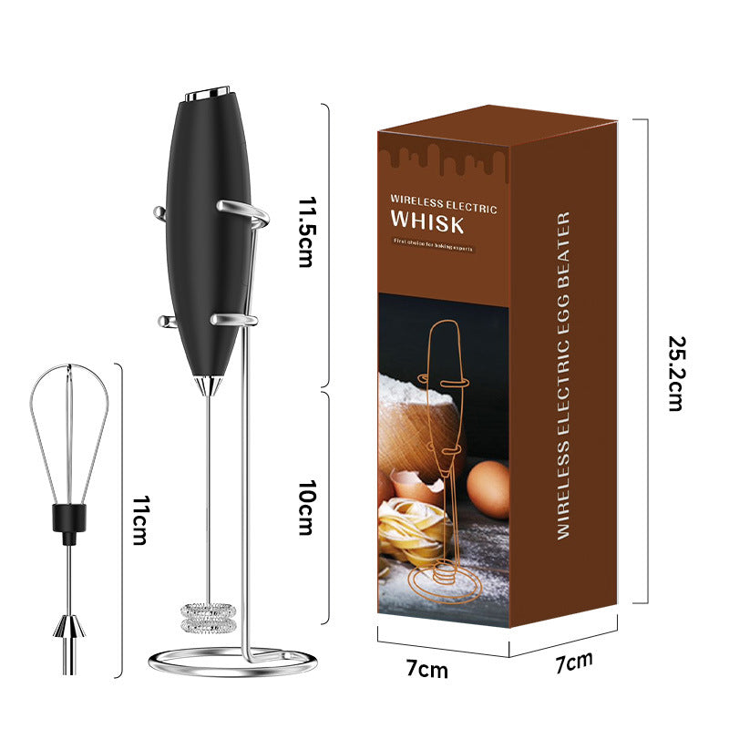 Battery-Powered Frother and Whisk – Dual Stainless Steel Heads, Black with Stand
