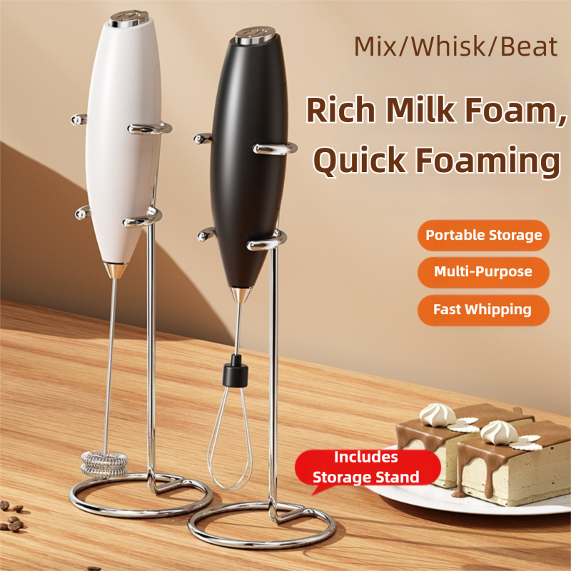 Battery-Powered Frother and Whisk – Dual Stainless Steel Heads, Black with Stand