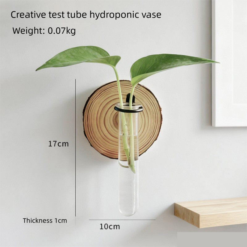 Wall-Mounted Hydroponic Test Tube Vase – Wood and Iron Design for Indoor Plants