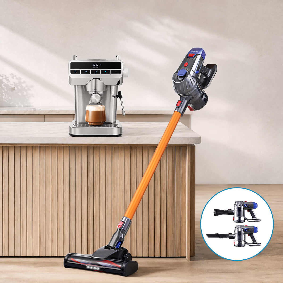 Devanti K7 Gold Cordless Stick Vacuum & Espresso Machine Bundle – LED Display