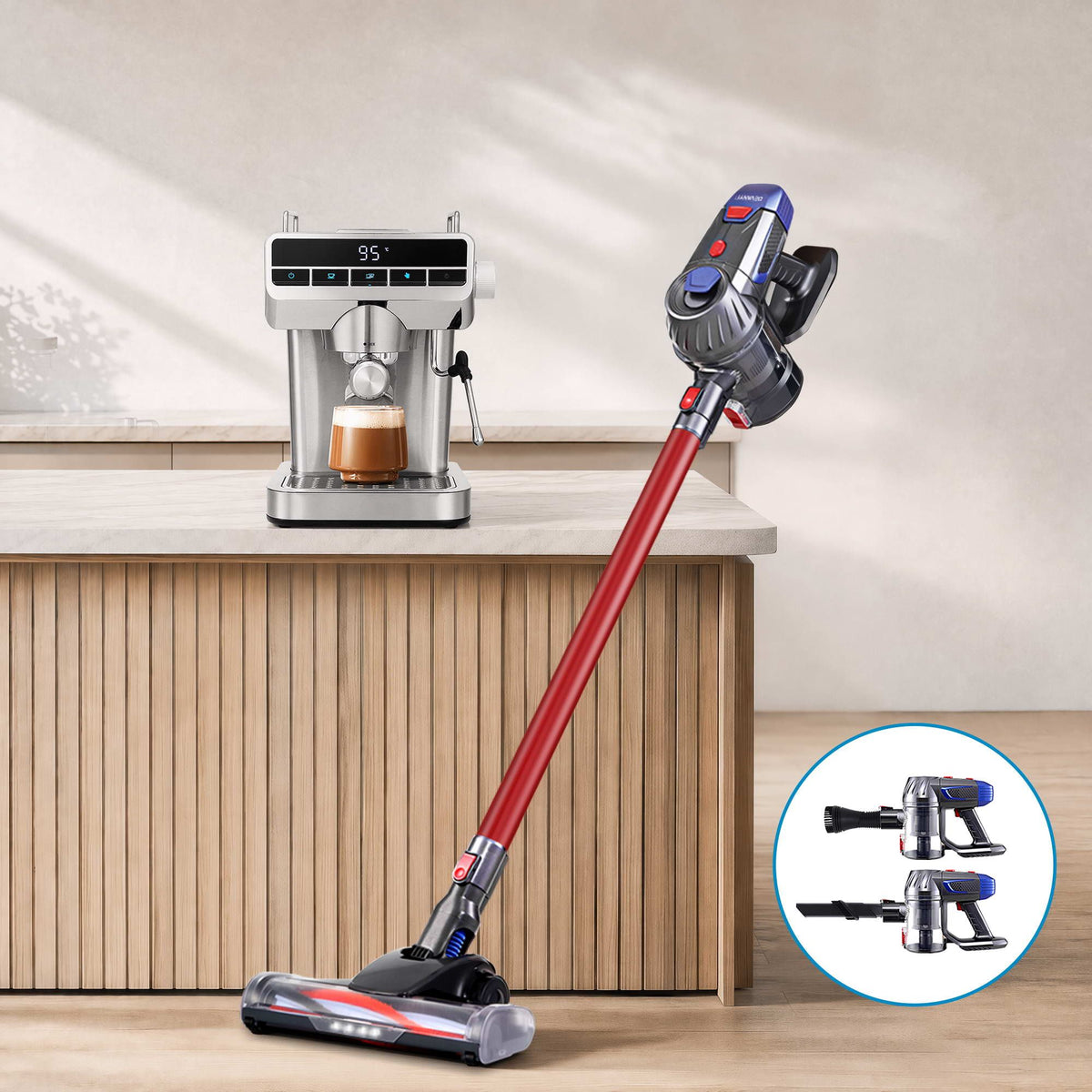 Devanti K7 Red Cordless Stick Vacuum & Espresso Machine Bundle – LED Display
