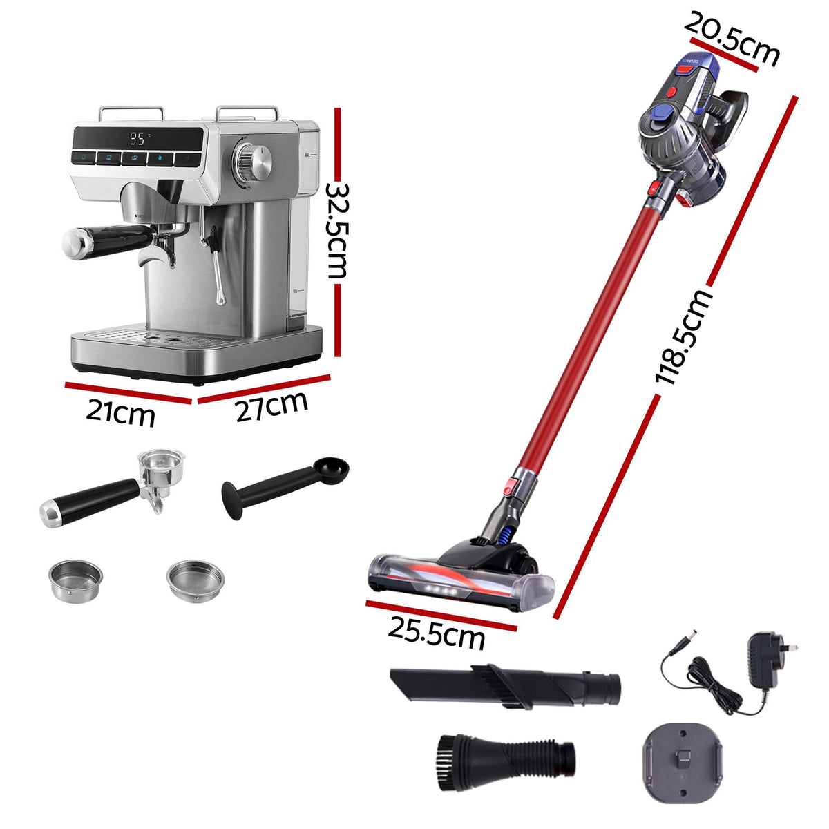 Devanti K7 Red Cordless Stick Vacuum & Espresso Machine Bundle – LED Display