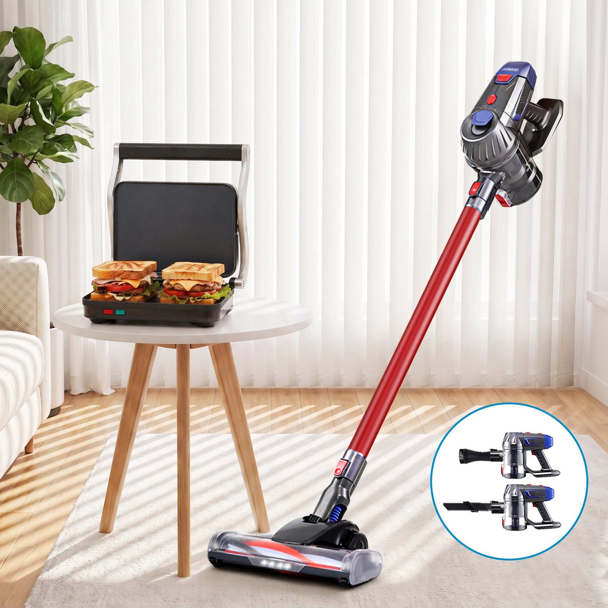Devanti K7 Red Cordless Stick Vacuum & Sandwich Press Bundle