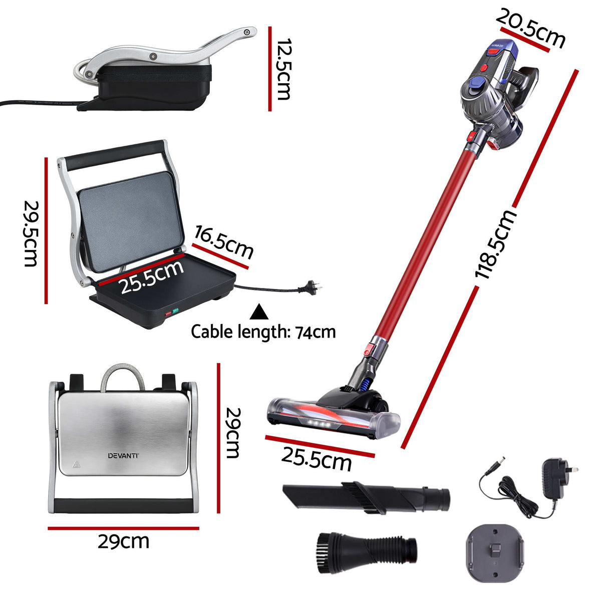 Devanti K7 Red Cordless Stick Vacuum & Sandwich Press Bundle