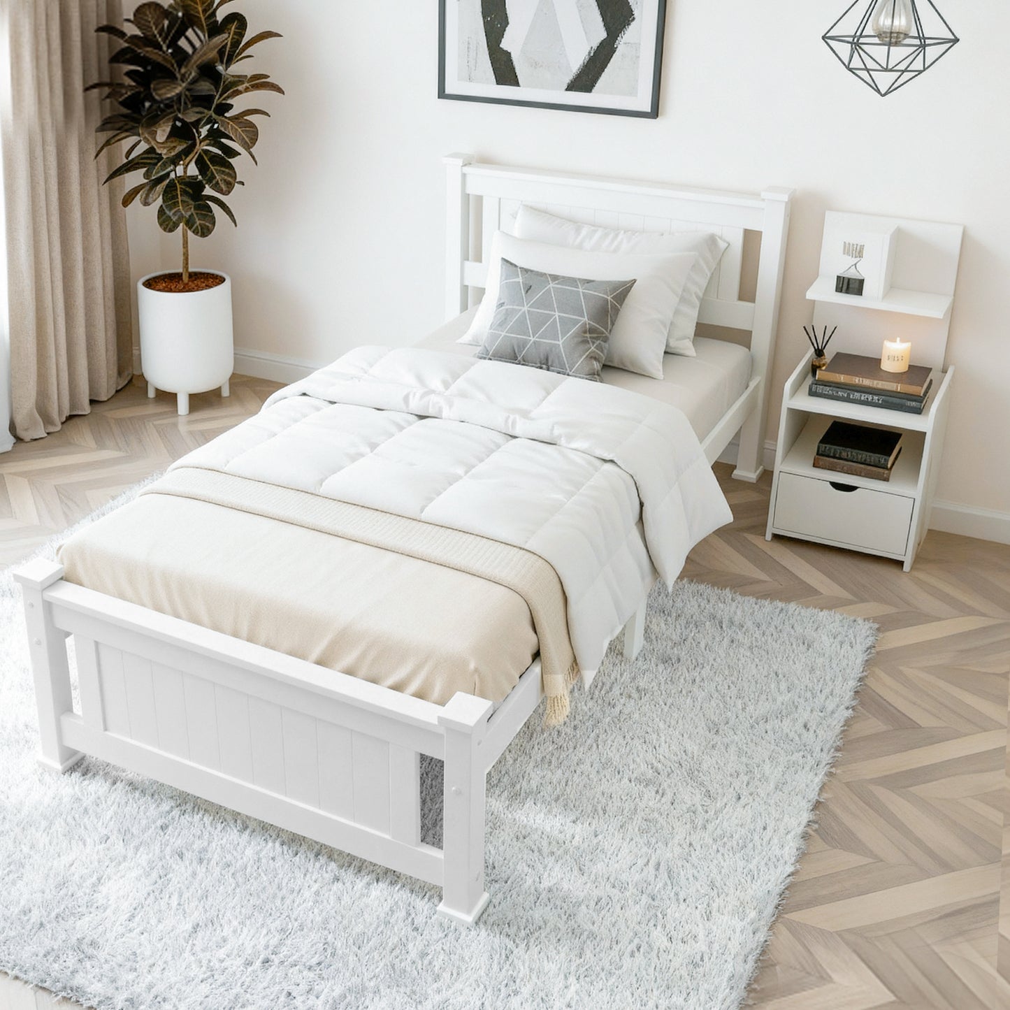 King Single Bed Frame and Bedside Table – White Pine Wood Set