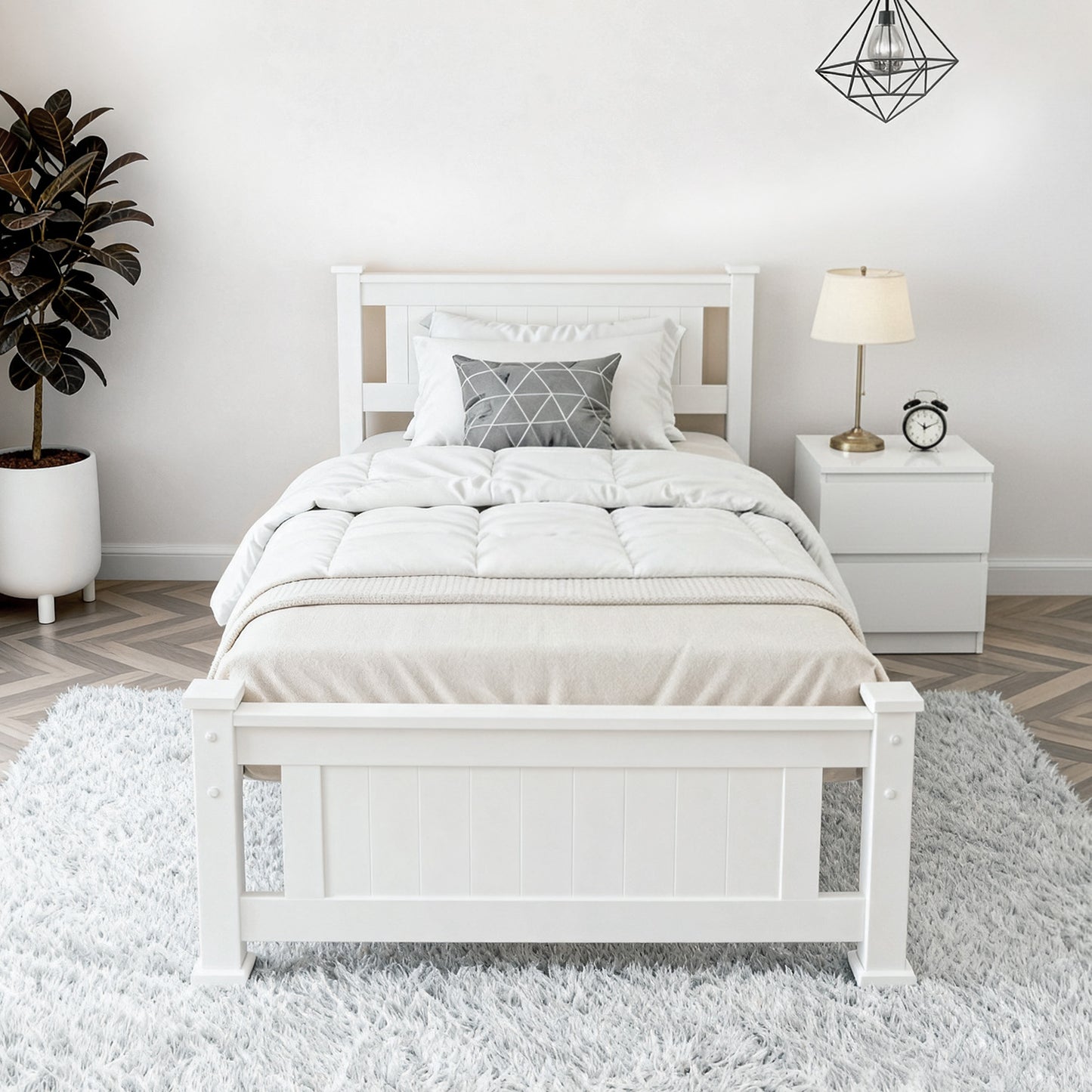 Rio King Single Bed Frame and White Bedside Table – Pine Wood, Modern Design