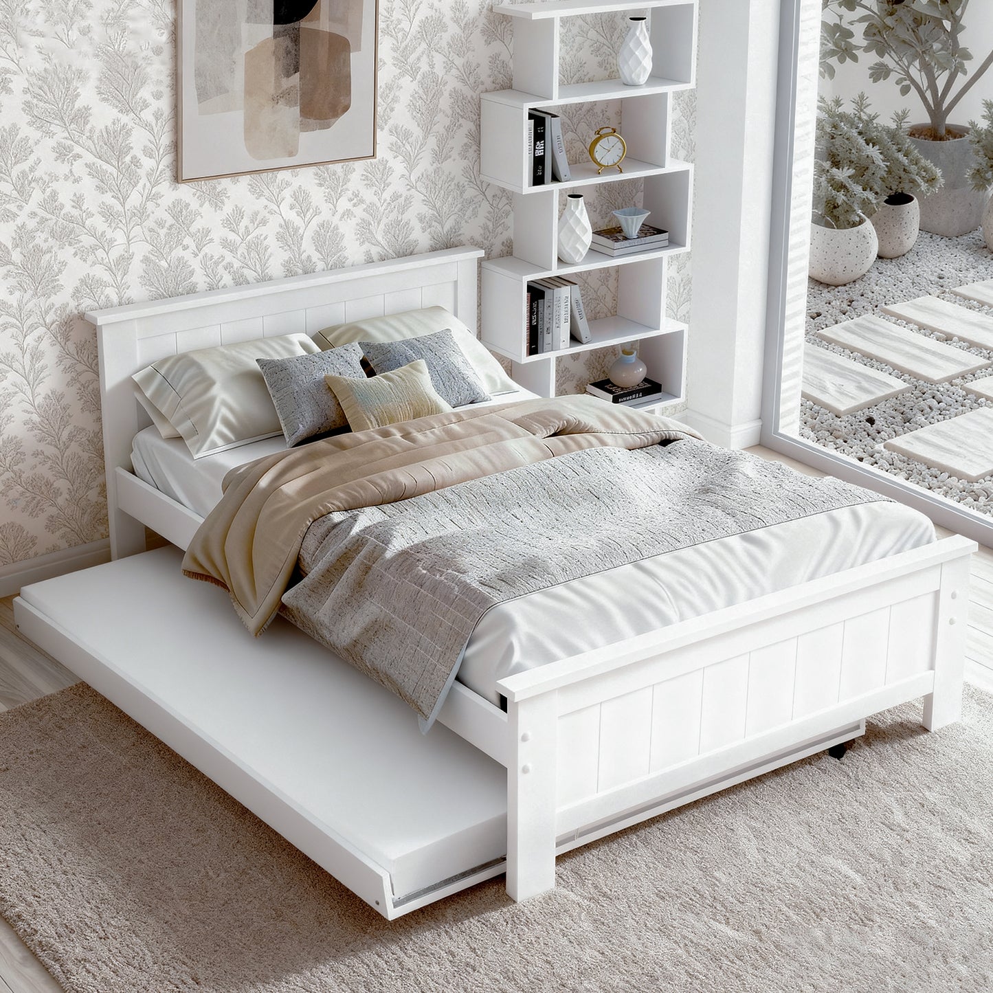 Elvis Trundle Bed with S-Shape Display Shelf – King Single, Pine Wood, White Finish