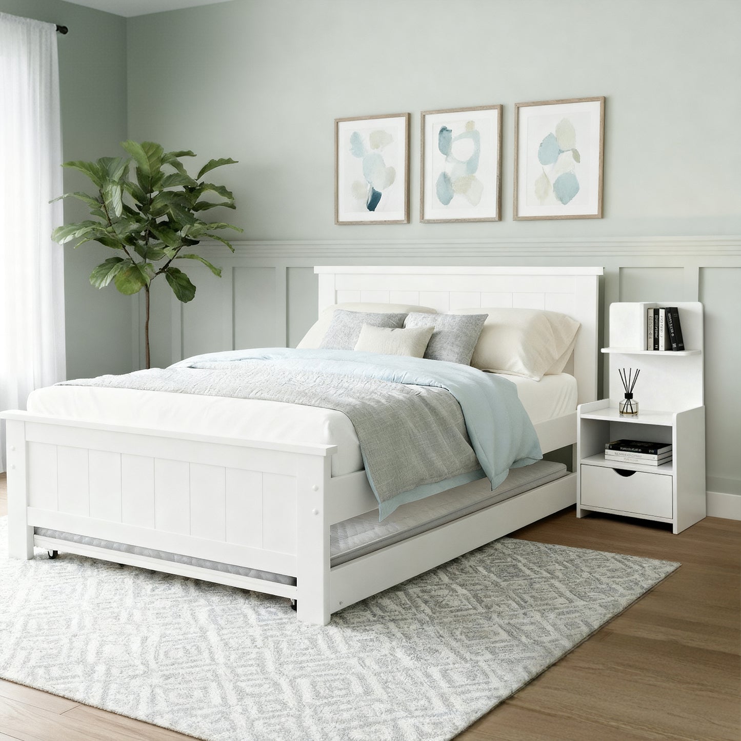 King Single Trundle Bed Frame with Bedside Table – White Pine Wood