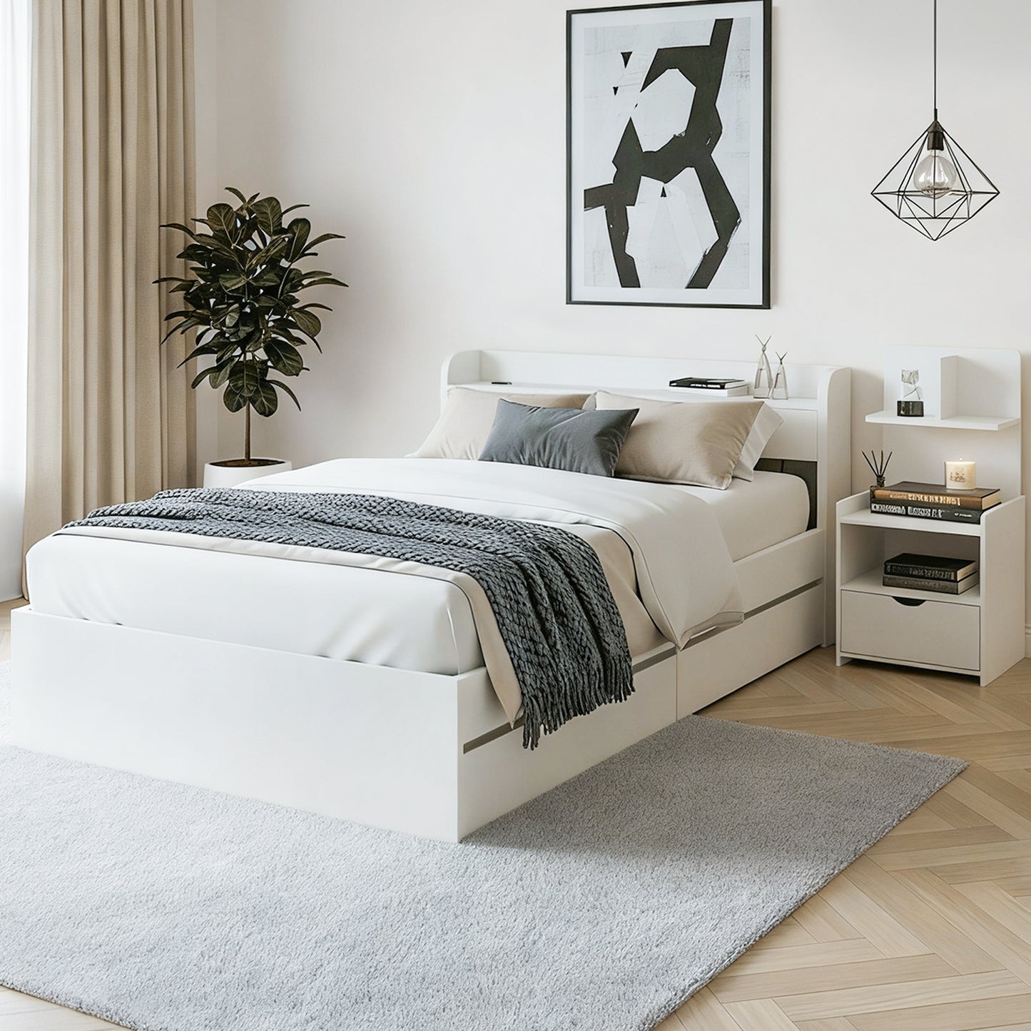 Aura Bed Frame with USB Charging Ports and Bedside Table – White, Particleboard