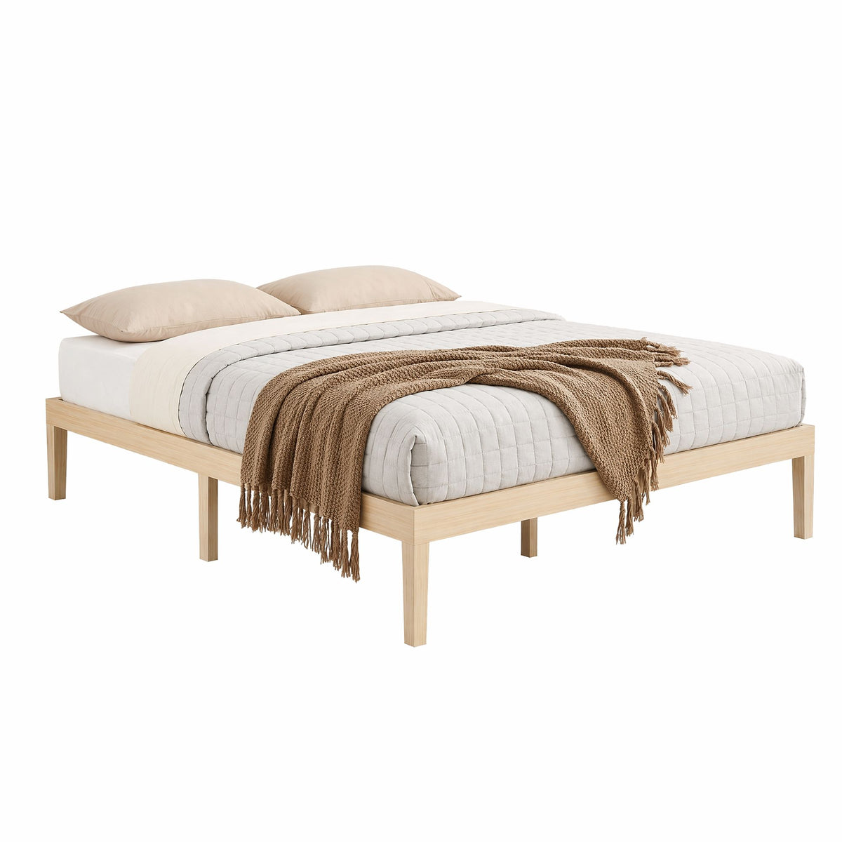 Bruno wooden bed frame in pine timber with a queen size design, featuring clean lines and sturdy construction from The Willow Stone Collective.