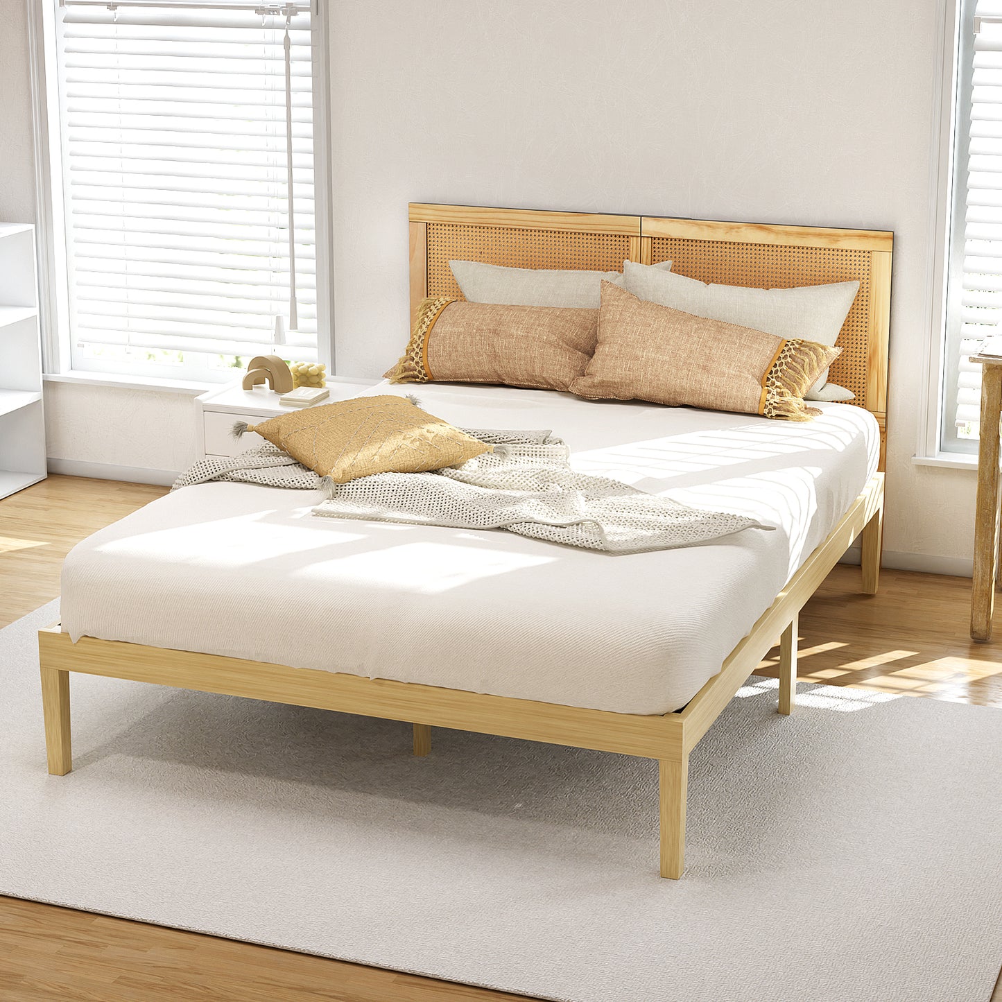 Bruno Bed Frame – Pinewood with Rattan Headboard, Queen Size