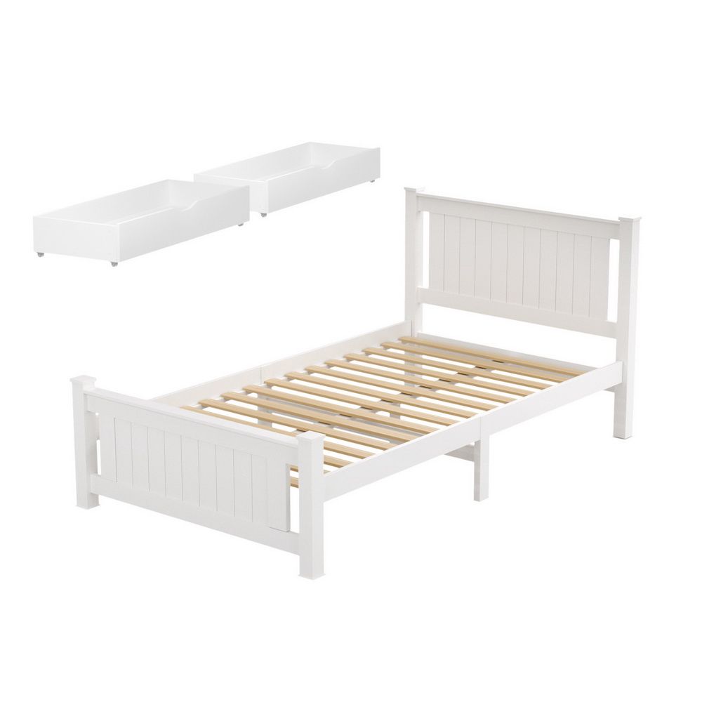 Rio Wooden Bed Frame with 2 Storage Drawers – King Single, White