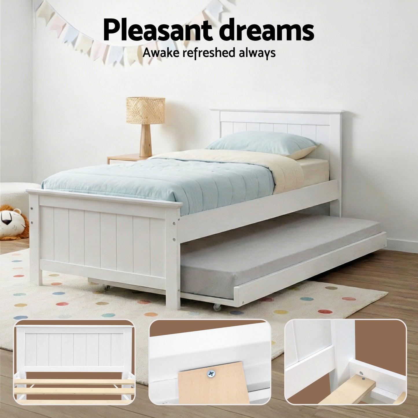TWSC Bed Frame King Single Size Wooden Trundle Daybed White ELVIS