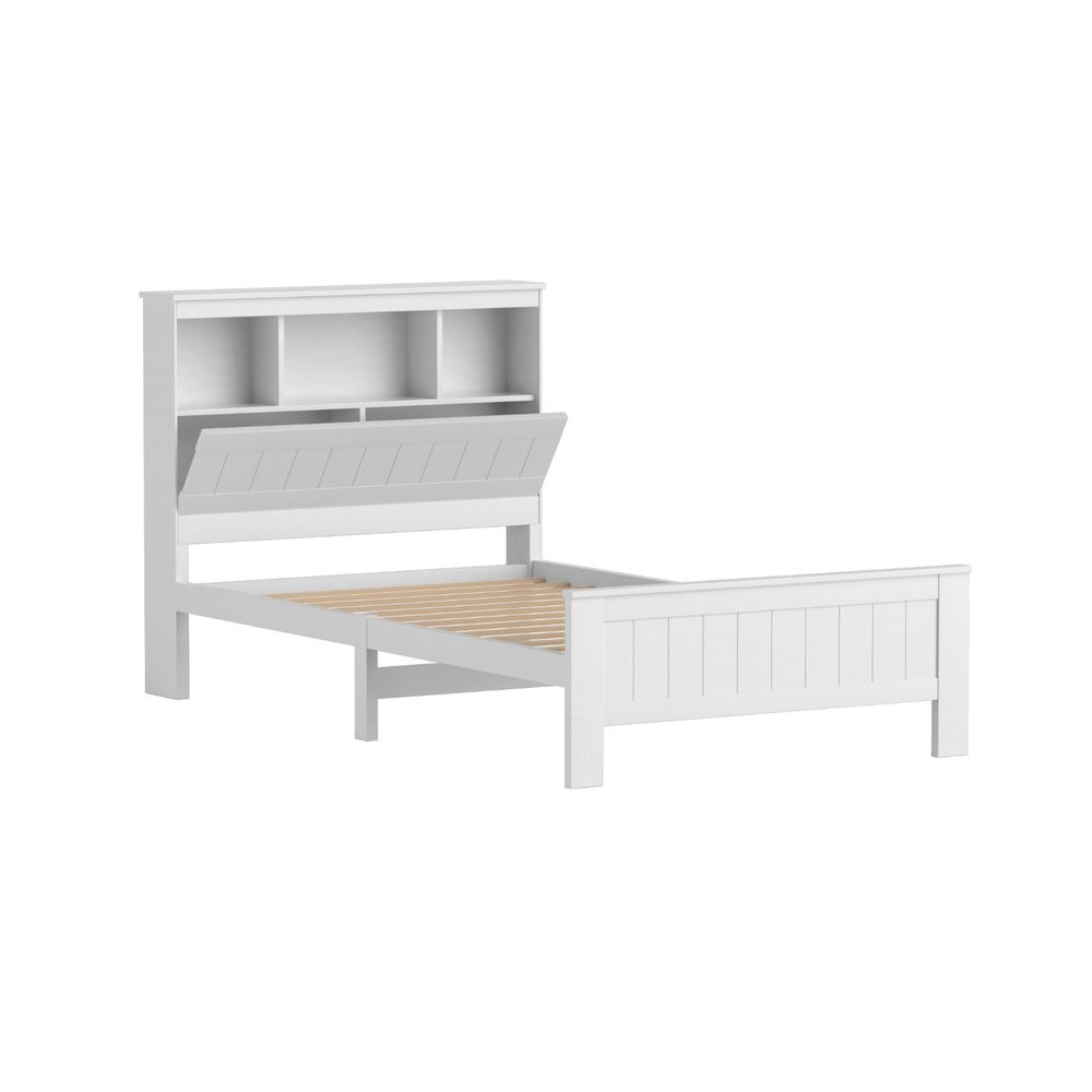 TWSC Bed Frame King Single Size Wooden with 3 Shelves Bed Head White