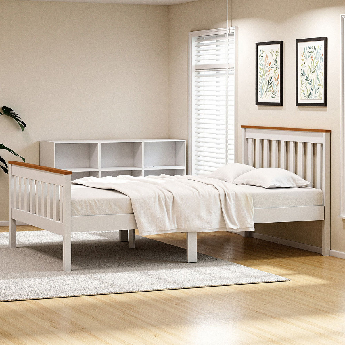 TWSC Bed Frame Double Size Wooden Platform with 2 Storage Drawers White PONY