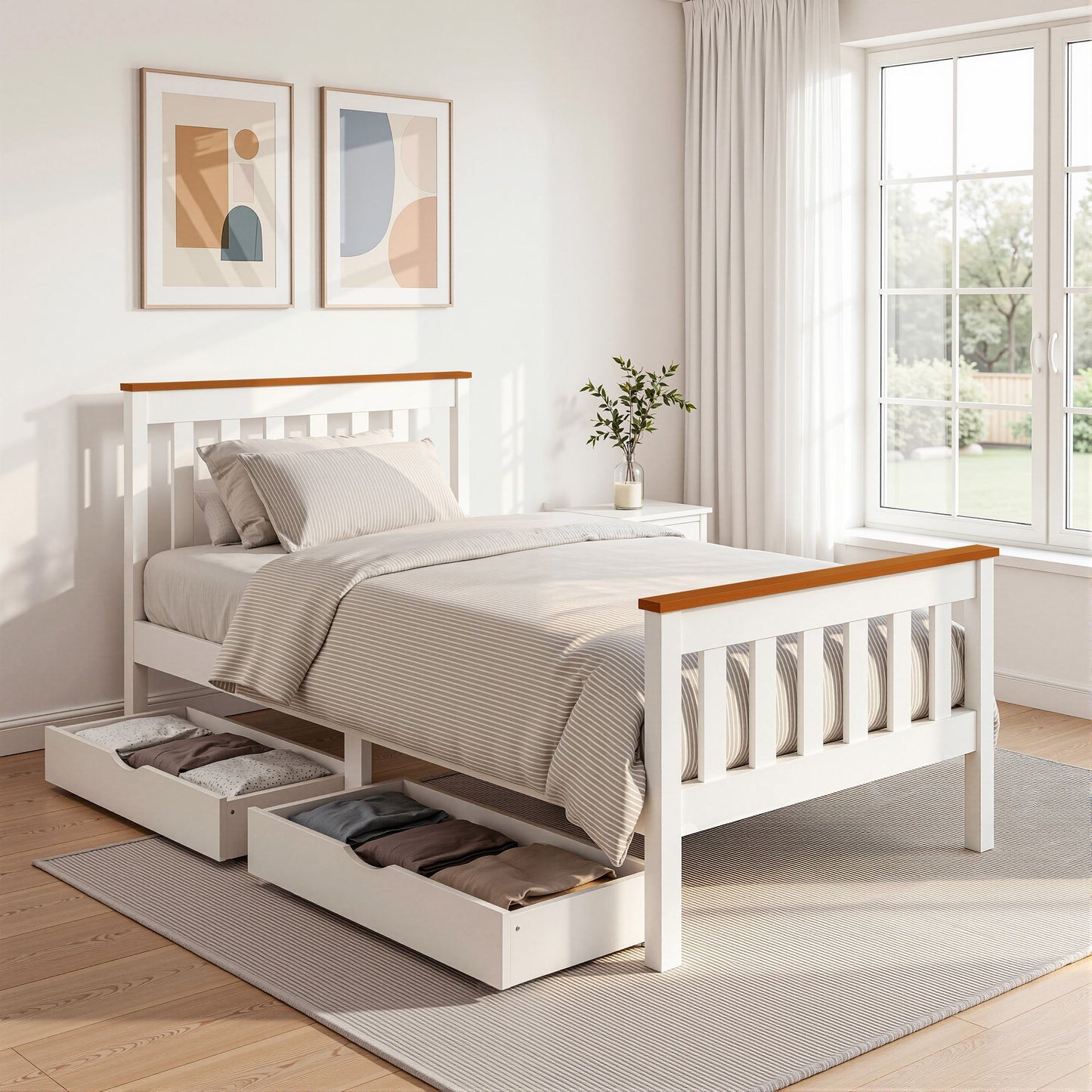 Pony Wooden Bed Frame with 2 Storage Drawers – Single, White, Pine Wood