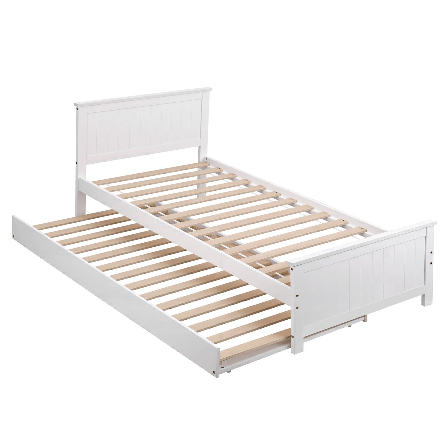 Single Bed Frame with Trundle – Solid Pine Wood, White