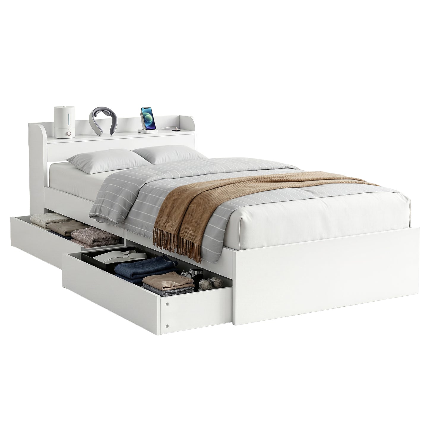 TWSC Bed Frame King Single Size with Charging Ports and 2 Drawers AURA