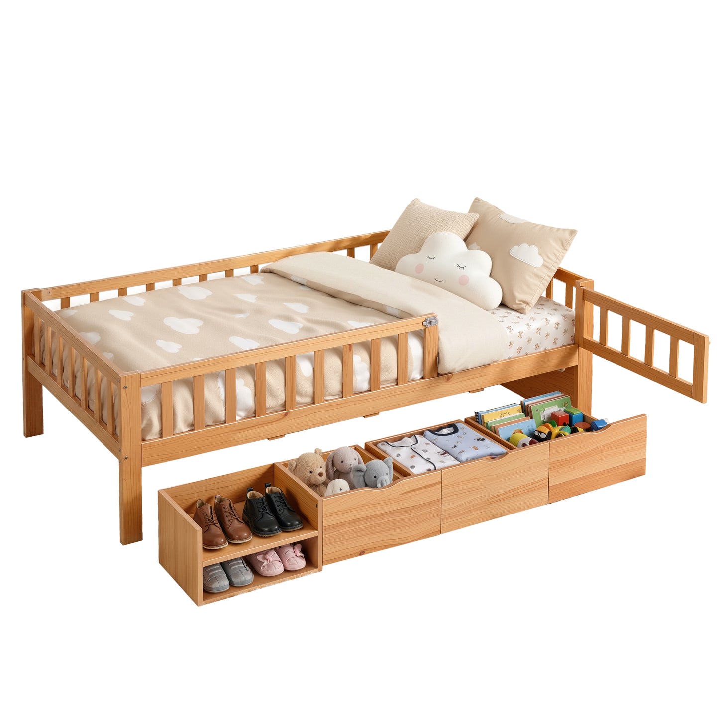 Kids Single Bed Frame with 3 Storage Drawers – Montessori Style, Natural Finish