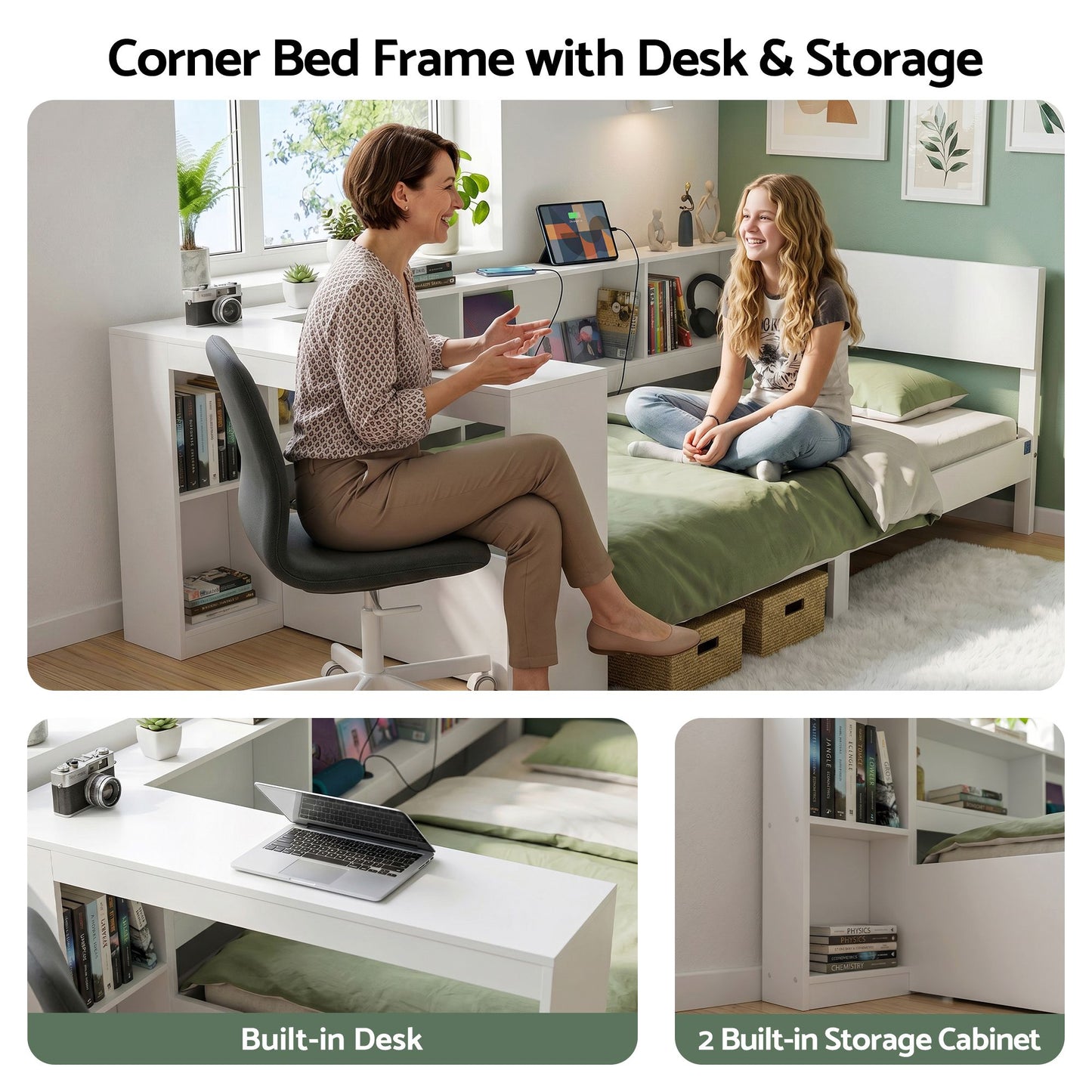 TWSC White Single Solid Wood Corner Platform Bed Frame with Built-in Desk, Storage Shelves and USB-C Charging Station for Small Spaces, Wooden Bed Base for Guest Room