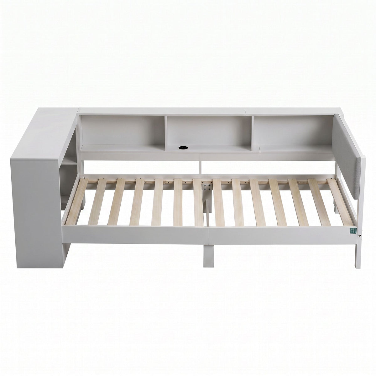 TWSC White Single Solid Wood Corner Platform Bed Frame with Built-in Desk, Storage Shelves and USB-C Charging Station for Small Spaces, Wooden Bed Base for Guest Room