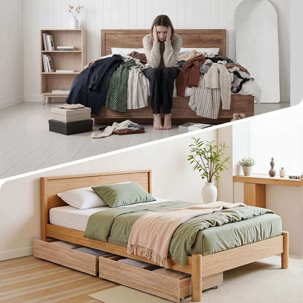 TWSC 2pcs Under Bed Storage with Wheels Rolling Wooden Drawers Single & Double