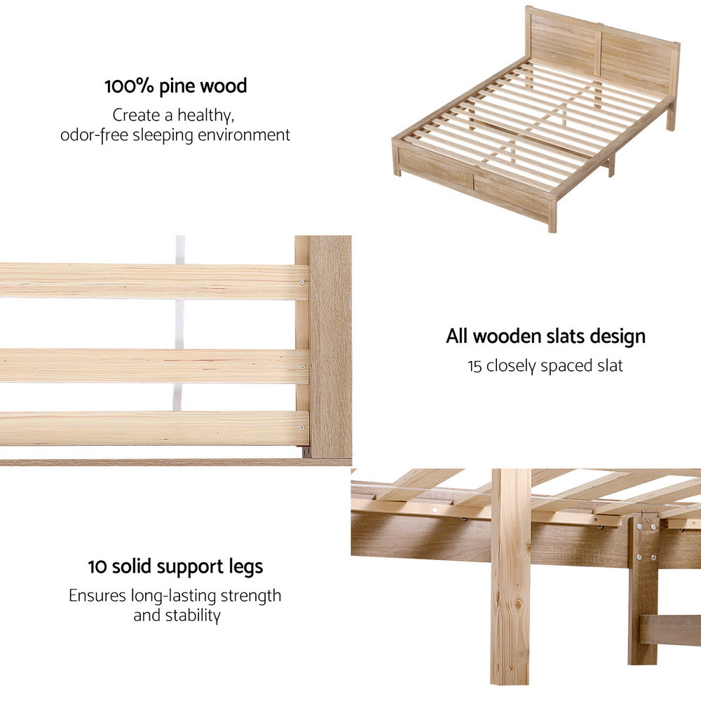 TWSC Bed Frame Queen Size Wooden Acacia Wood OATMEAL
