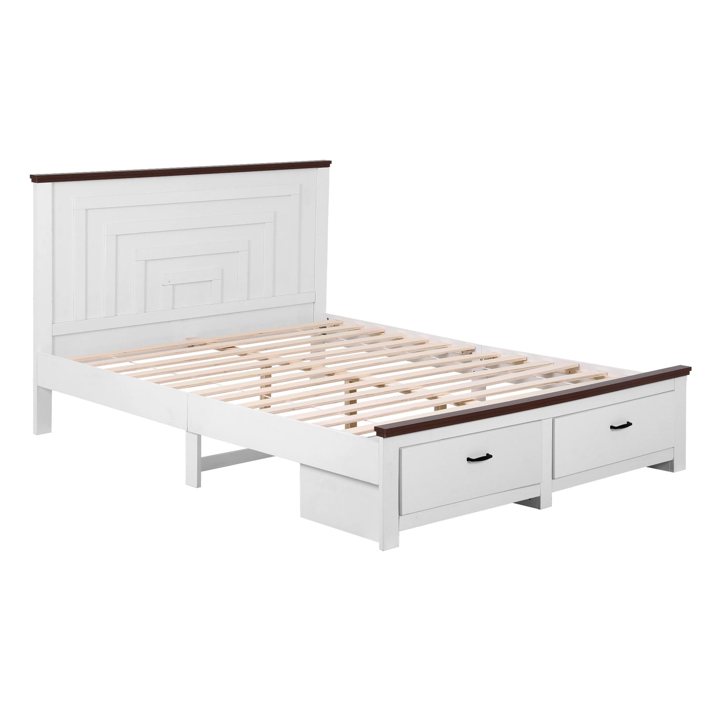 Double Wooden Bed Frame with 2 Drawers – Solid High Headboard, White