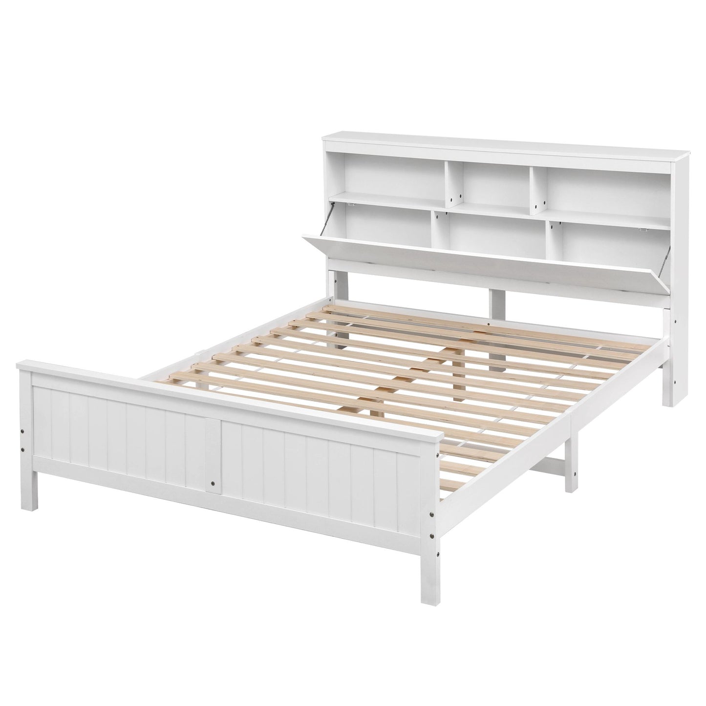 Queen Bed Frame with Storage Headboard and Footboard – White Pine Wood