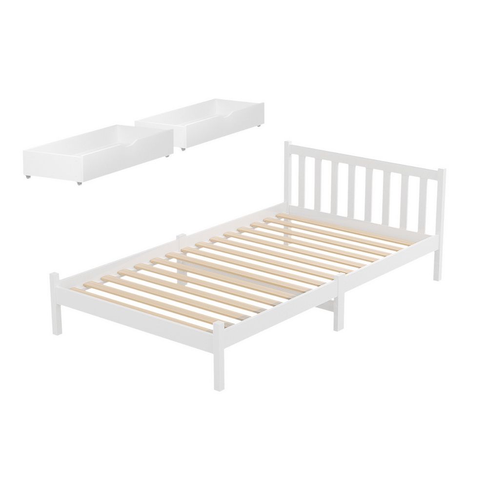 Sofie Bed Frame – Wooden Platform with 2 Storage Drawers, King Single White