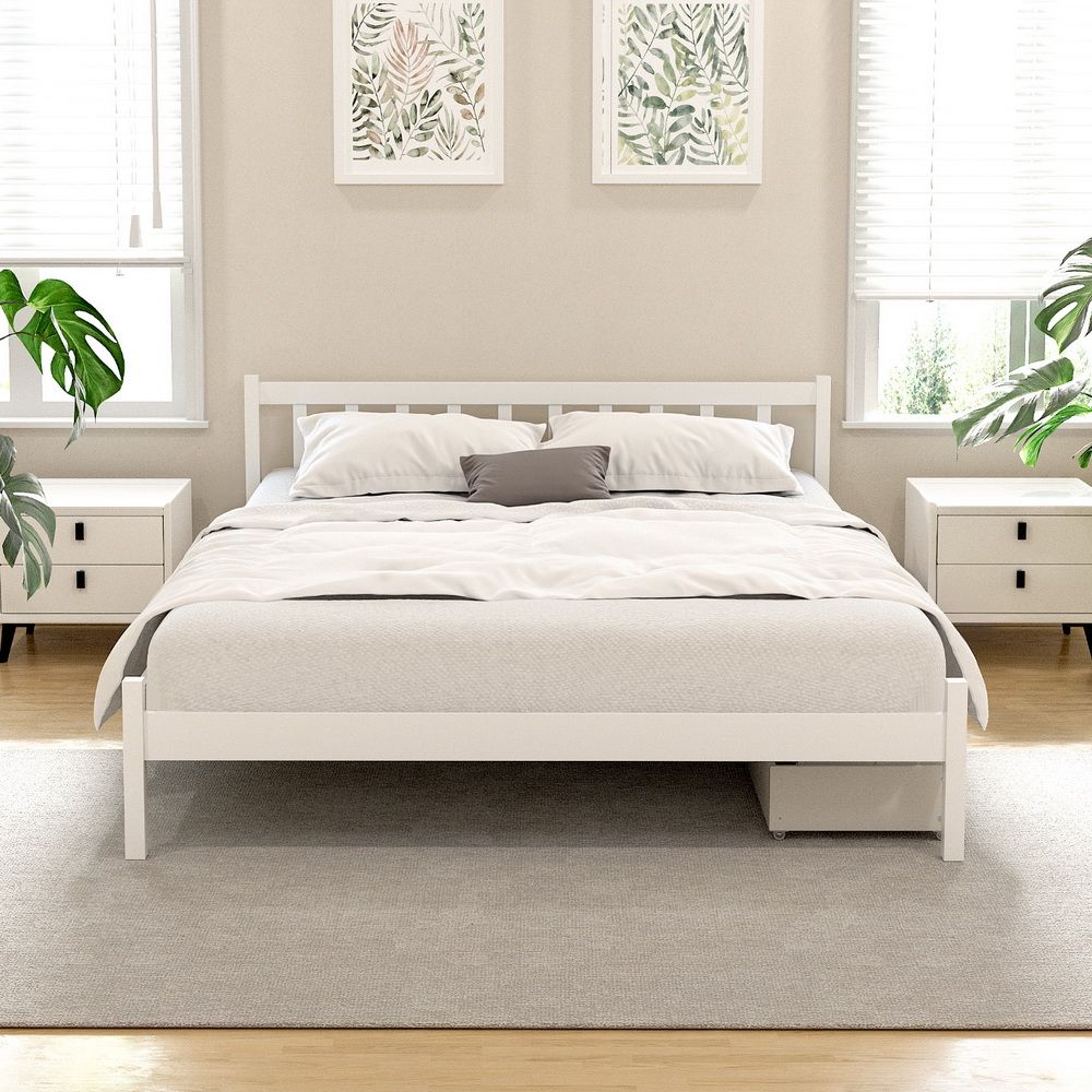 TWSC Bed Frame Queen Size Wooden Platform with 2 Storage Drawers White