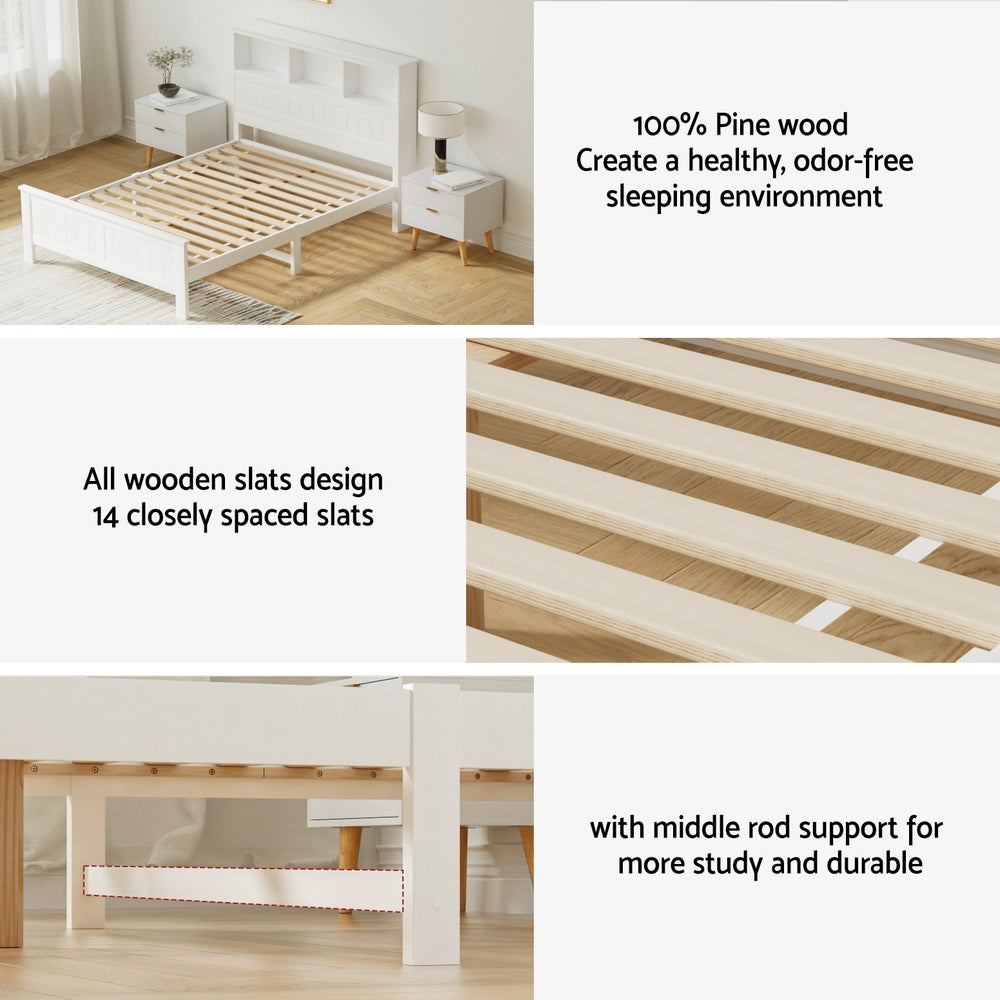 TWSC Bed Frame Double Size Wooden with 3 Shelves Bed Head White