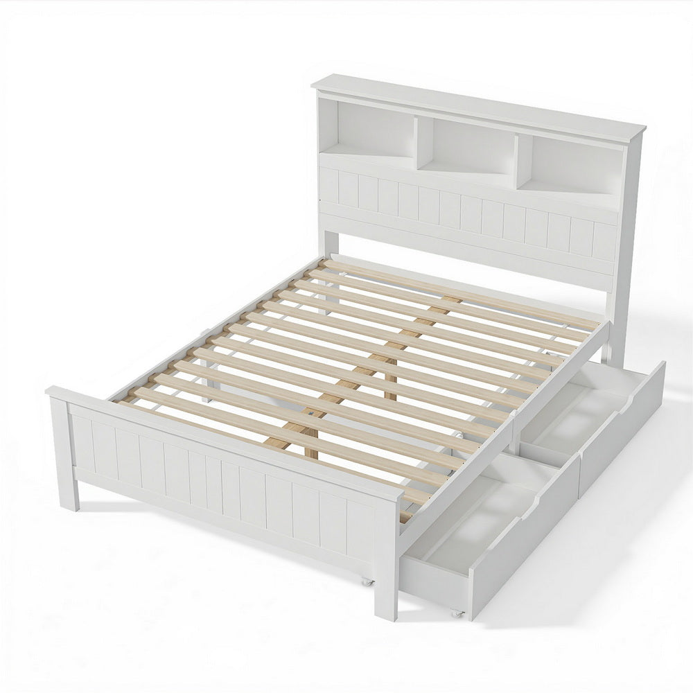 TWSC Bed Frame Double Size Wooden with 3 Shelves Bed Head White