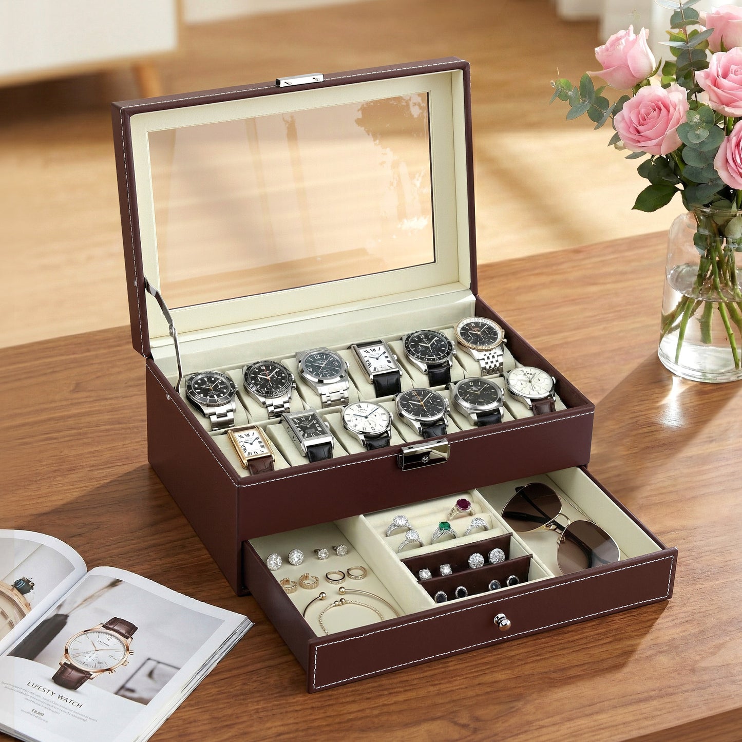 Watch Box Organizer – Two-Tier Display Case with Glass Top, Brown Faux Leather