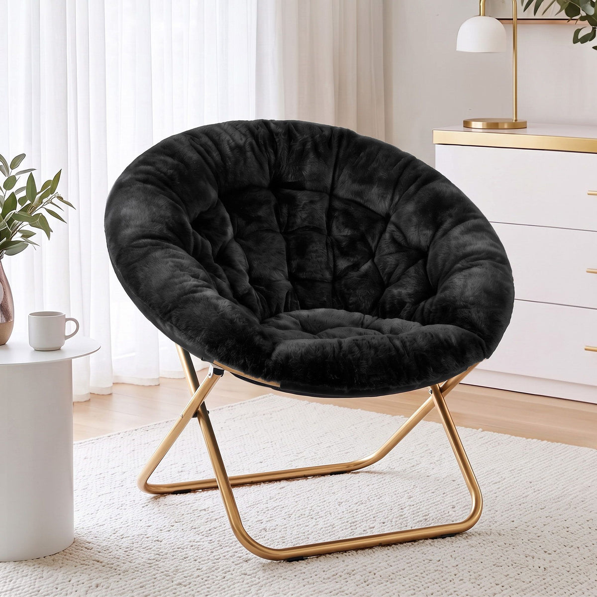 Cozy Folding Faux Fur Saucer Chair – Black